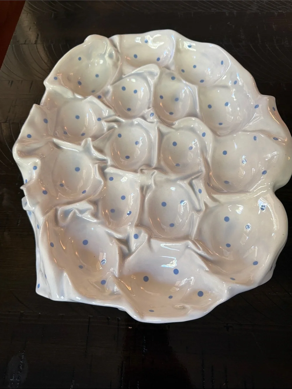 Vintage Ceramic Egg Tray with Blue Polka Dots and Basket motif